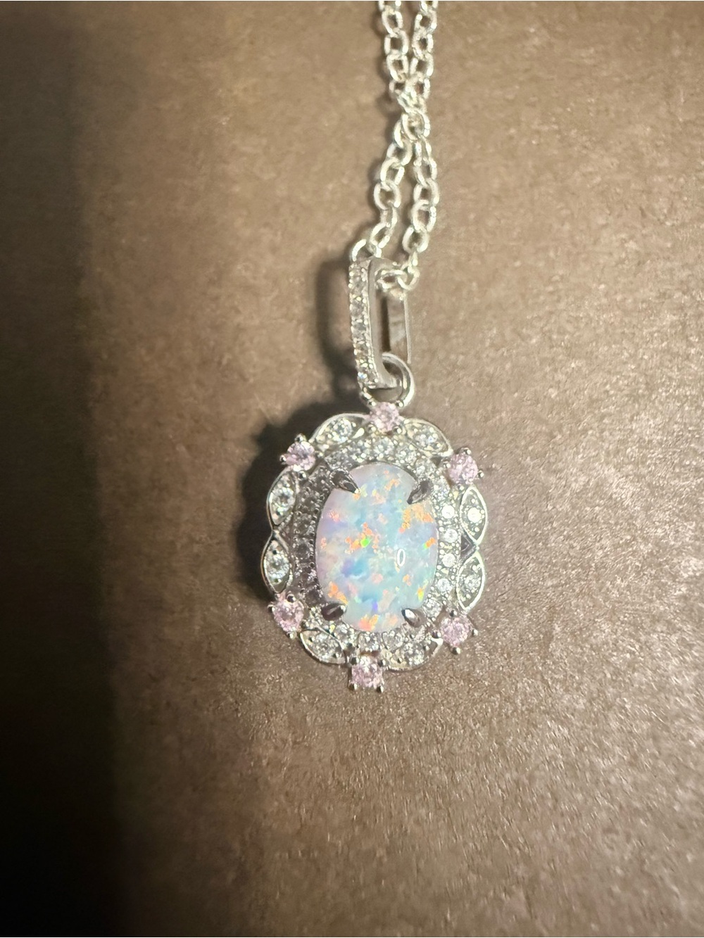 Opal Halo Pendant Necklace with Pink Accent Stones - Silver Tone